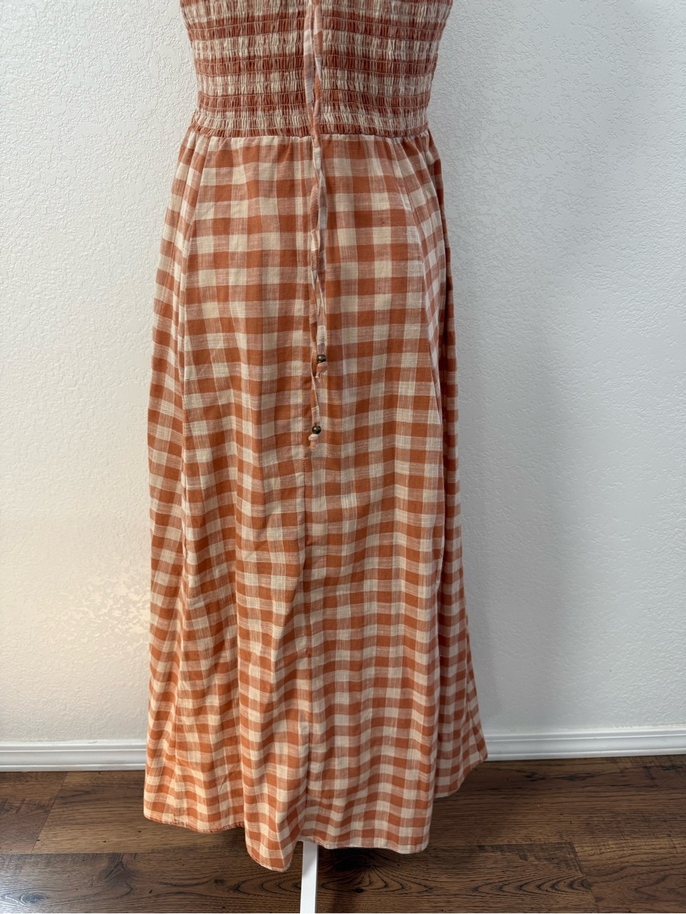 ANGIE  Rust and Cream Plaid Maxi Dress with Front Tie V-Neck Button Cotton M. - Picture 8 of 13